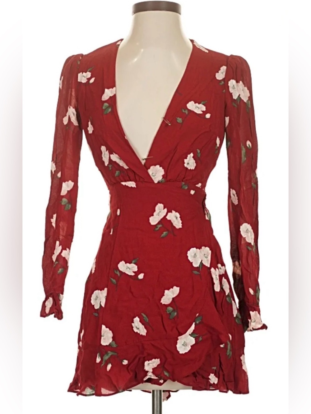 Reformation Red Floral Long Sleeve Wrap Mini Dress Small Like New